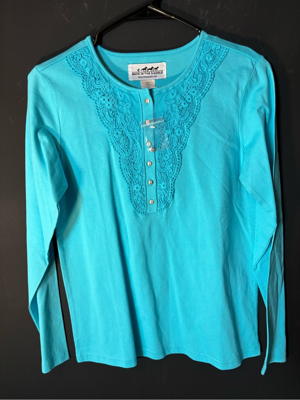 Back in the Saddle Turquoise Lace-Trim Long Sleeve Tee-Small-NWT